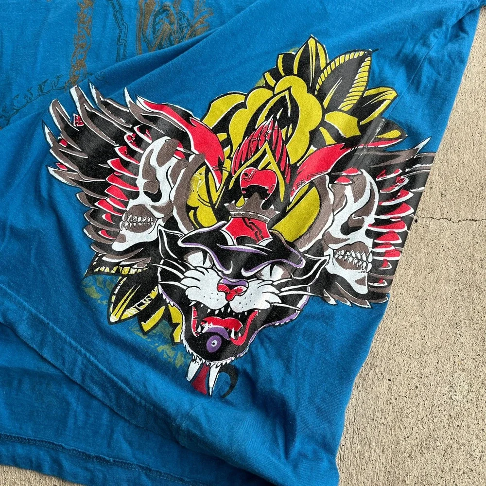 Christian Audigier Mens Blue Panther‎ Tattoo Graphic T Shirt 3XL
